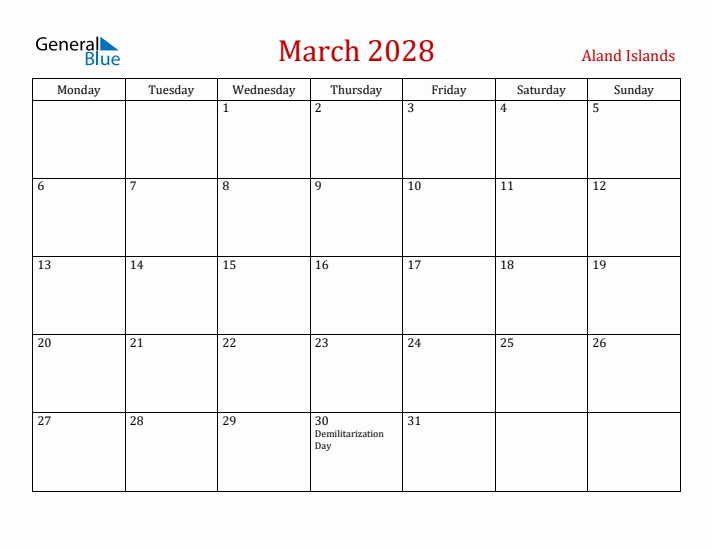 Aland Islands March 2028 Calendar - Monday Start