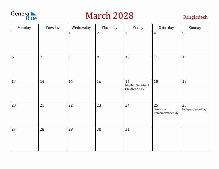 Bangladesh March 2028 Calendar - Monday Start