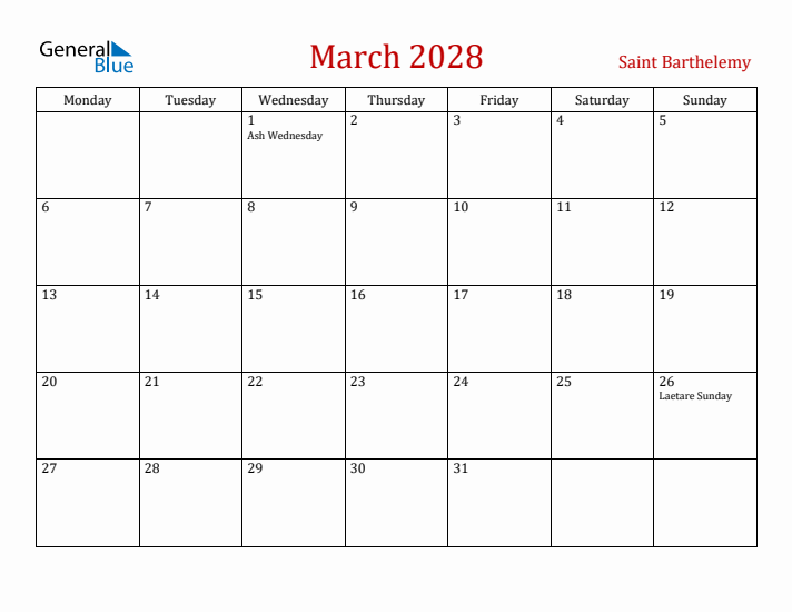 Saint Barthelemy March 2028 Calendar - Monday Start