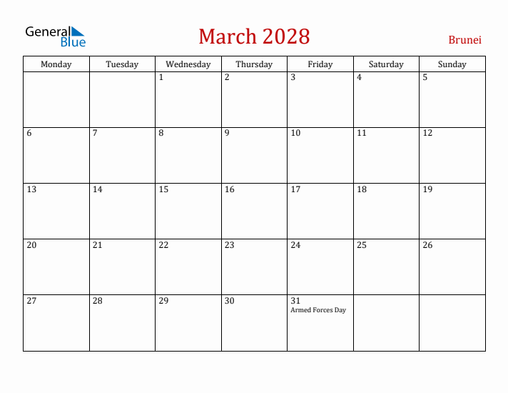 Brunei March 2028 Calendar - Monday Start