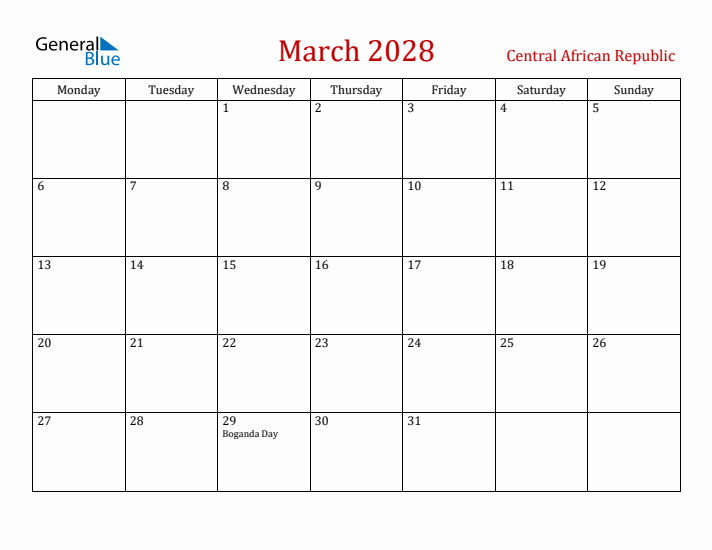 Central African Republic March 2028 Calendar - Monday Start