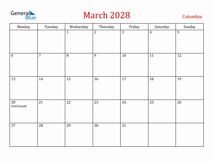 Colombia March 2028 Calendar - Monday Start