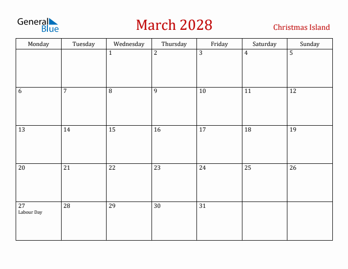 Christmas Island March 2028 Calendar - Monday Start