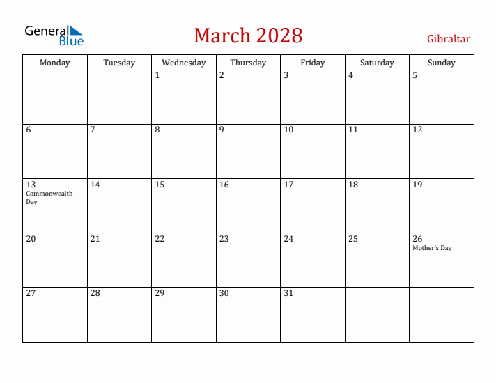 Gibraltar March 2028 Calendar - Monday Start