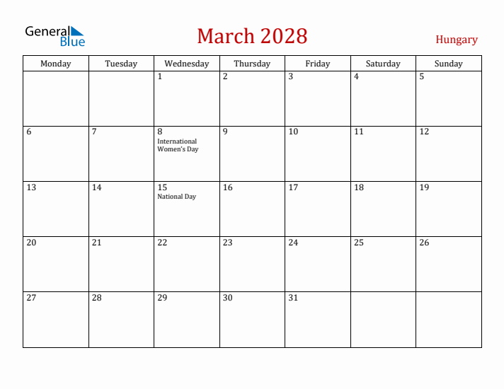 Hungary March 2028 Calendar - Monday Start