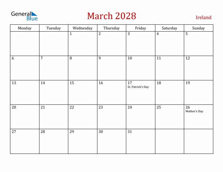 Ireland March 2028 Calendar - Monday Start