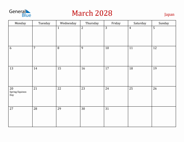 Japan March 2028 Calendar - Monday Start