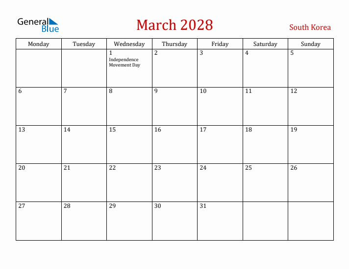 South Korea March 2028 Calendar - Monday Start