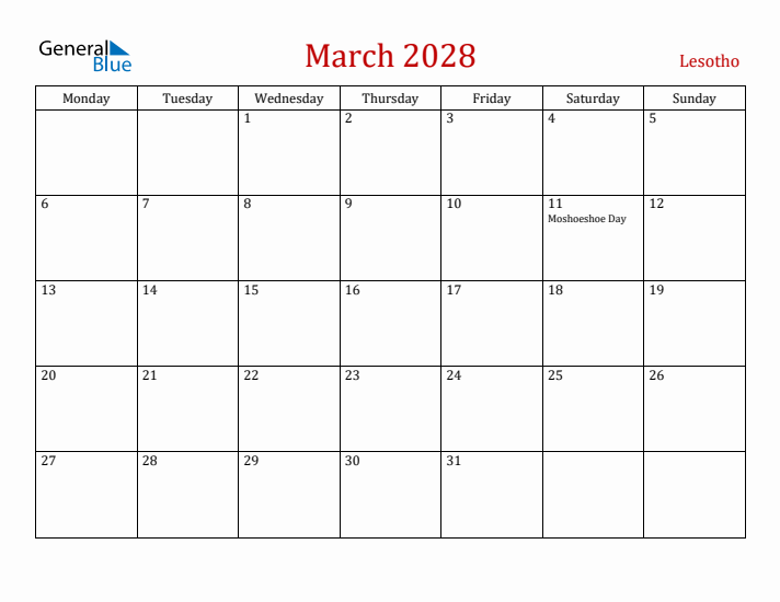 Lesotho March 2028 Calendar - Monday Start