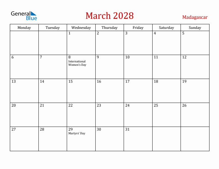 Madagascar March 2028 Calendar - Monday Start