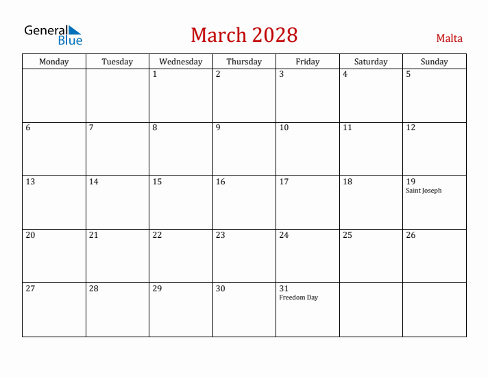 Malta March 2028 Calendar - Monday Start