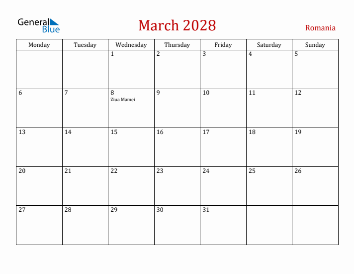 Romania March 2028 Calendar - Monday Start