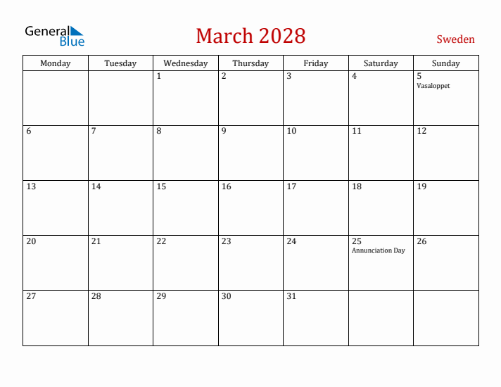 Sweden March 2028 Calendar - Monday Start