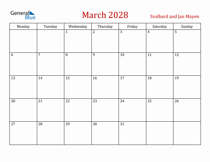 Svalbard and Jan Mayen March 2028 Calendar - Monday Start