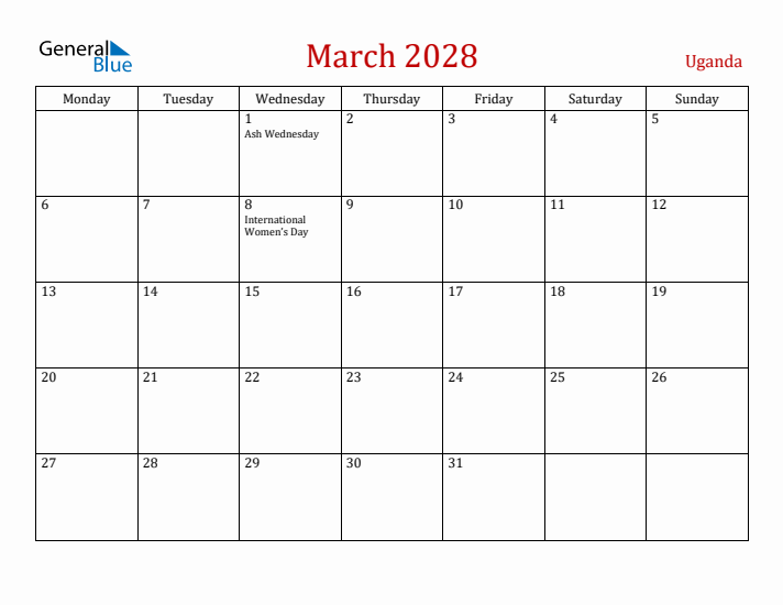 Uganda March 2028 Calendar - Monday Start