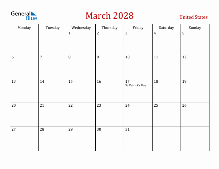 United States March 2028 Calendar - Monday Start