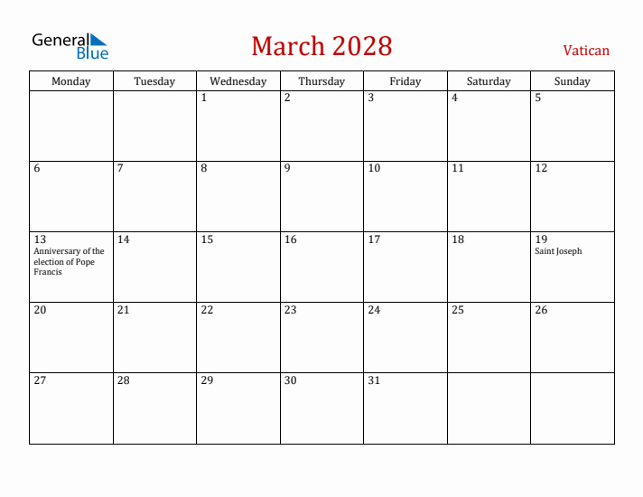 Vatican March 2028 Calendar - Monday Start