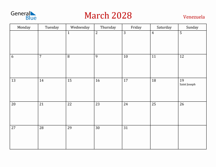 Venezuela March 2028 Calendar - Monday Start