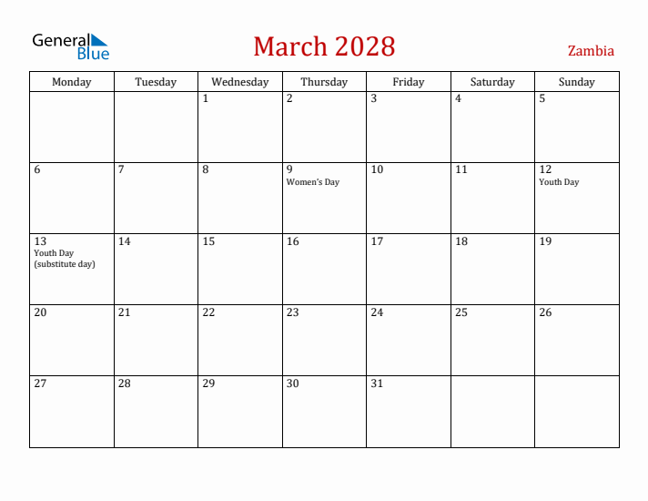 Zambia March 2028 Calendar - Monday Start
