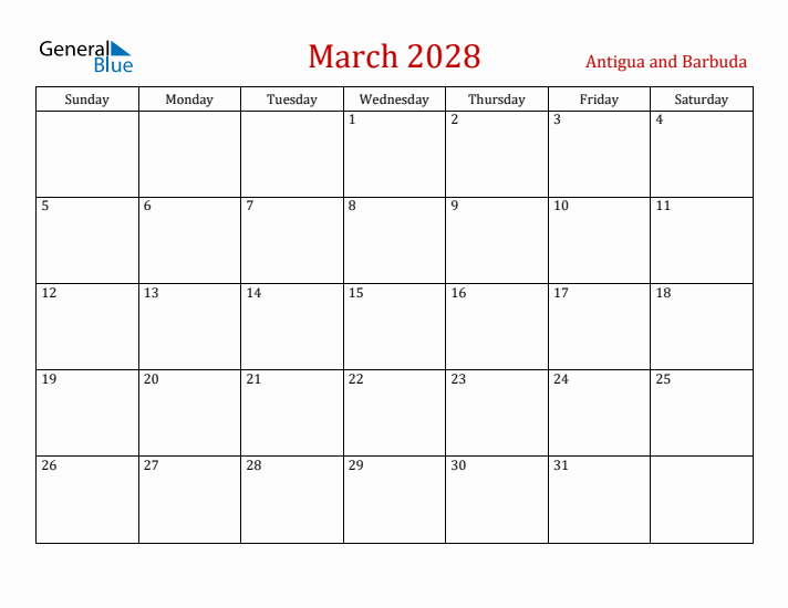 Antigua and Barbuda March 2028 Calendar - Sunday Start