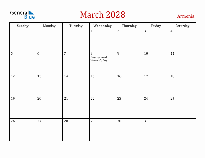Armenia March 2028 Calendar - Sunday Start