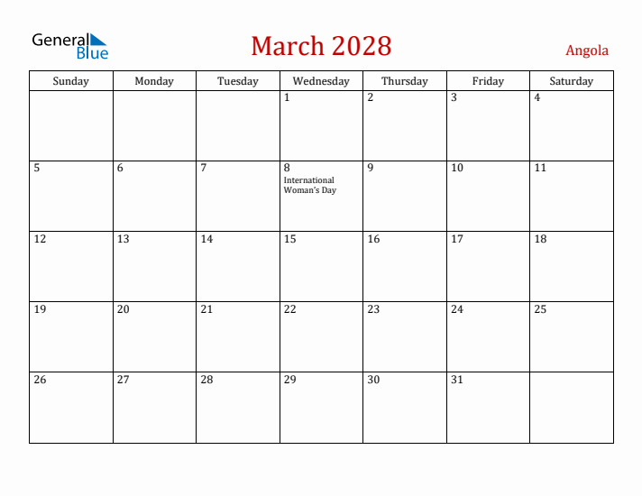 Angola March 2028 Calendar - Sunday Start