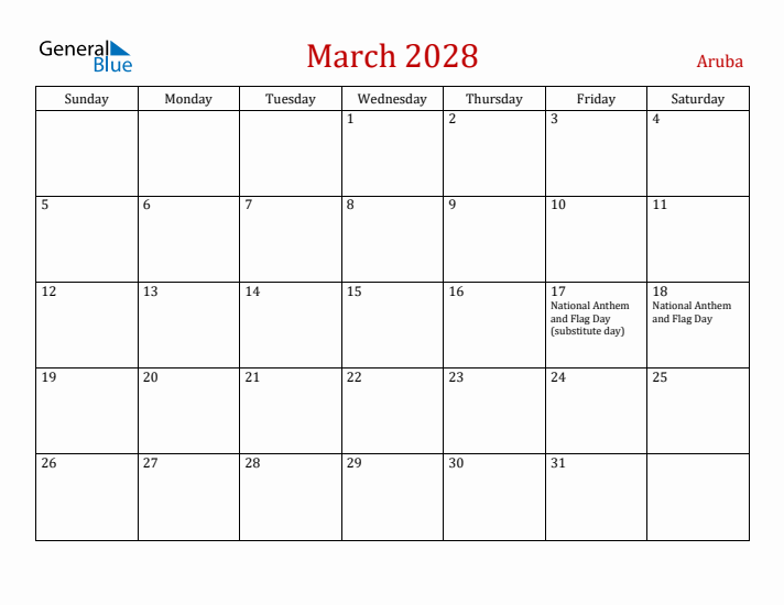 Aruba March 2028 Calendar - Sunday Start