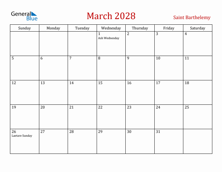 Saint Barthelemy March 2028 Calendar - Sunday Start