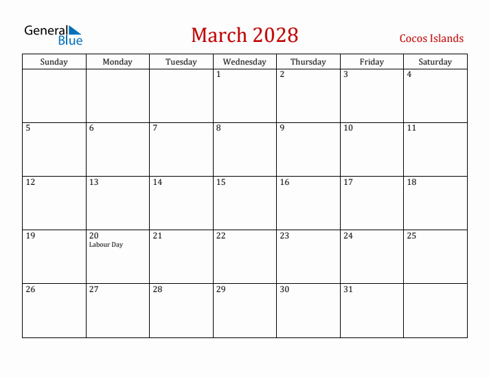 Cocos Islands March 2028 Calendar - Sunday Start