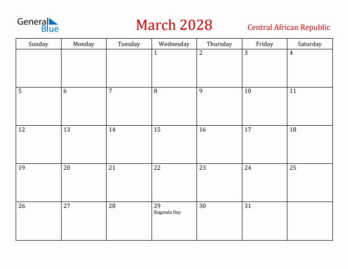 Central African Republic March 2028 Calendar - Sunday Start