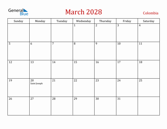 Colombia March 2028 Calendar - Sunday Start