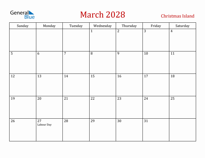 Christmas Island March 2028 Calendar - Sunday Start