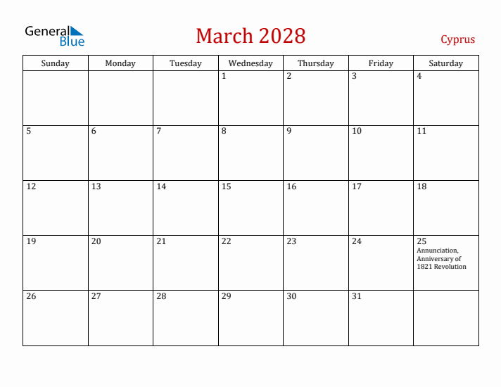 Cyprus March 2028 Calendar - Sunday Start