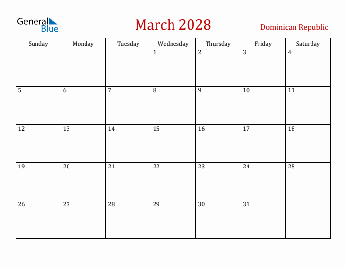 Dominican Republic March 2028 Calendar - Sunday Start