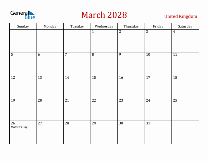 United Kingdom March 2028 Calendar - Sunday Start