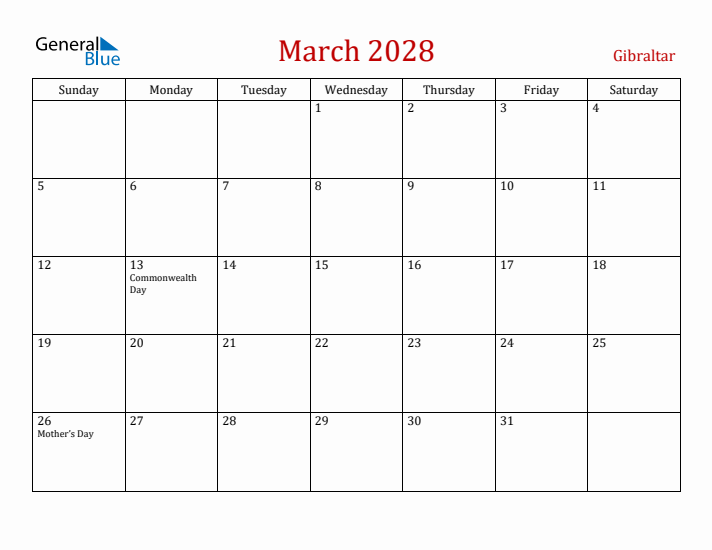 Gibraltar March 2028 Calendar - Sunday Start