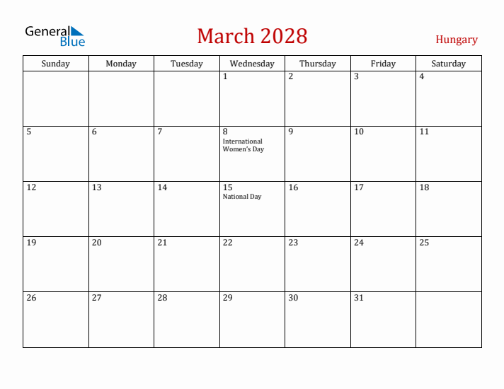 Hungary March 2028 Calendar - Sunday Start