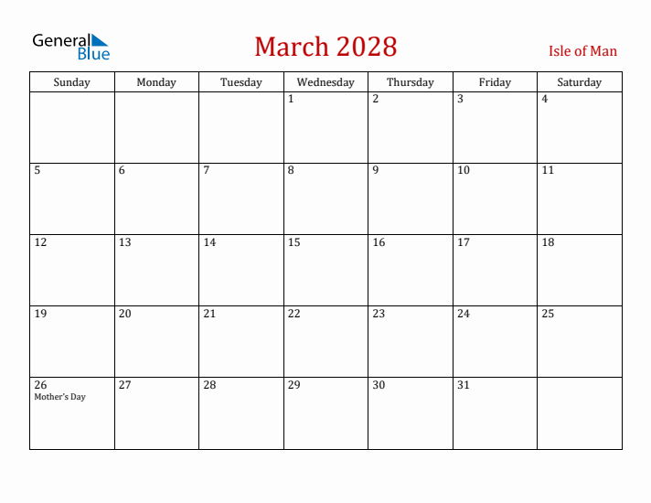Isle of Man March 2028 Calendar - Sunday Start