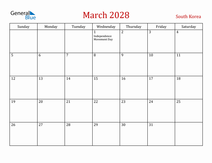 South Korea March 2028 Calendar - Sunday Start