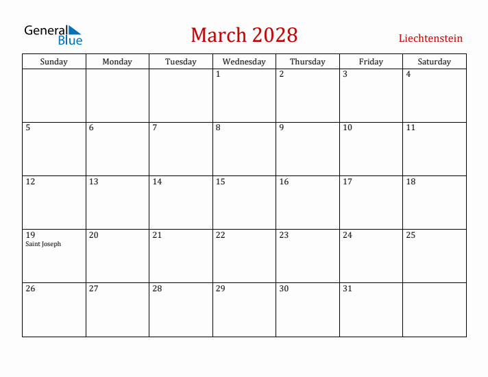 Liechtenstein March 2028 Calendar - Sunday Start