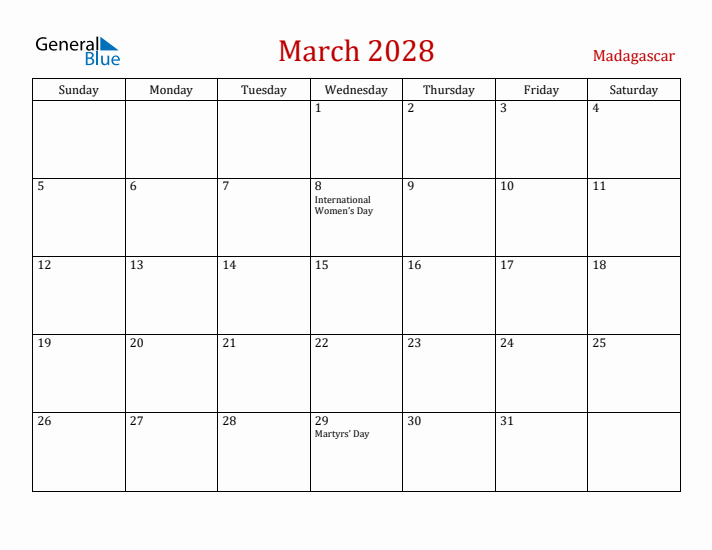 Madagascar March 2028 Calendar - Sunday Start