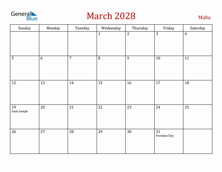 Malta March 2028 Calendar - Sunday Start