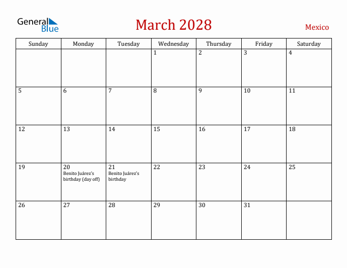 Mexico March 2028 Calendar - Sunday Start