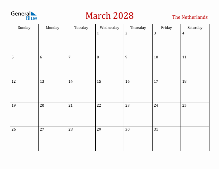 The Netherlands March 2028 Calendar - Sunday Start