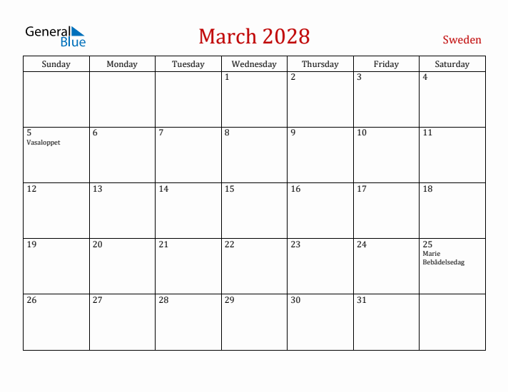 Sweden March 2028 Calendar - Sunday Start