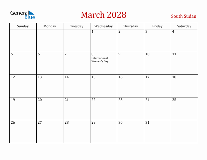South Sudan March 2028 Calendar - Sunday Start