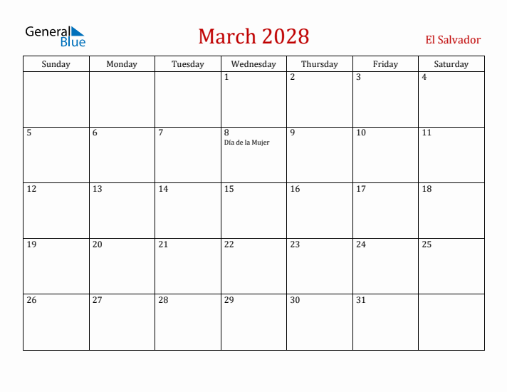 El Salvador March 2028 Calendar - Sunday Start