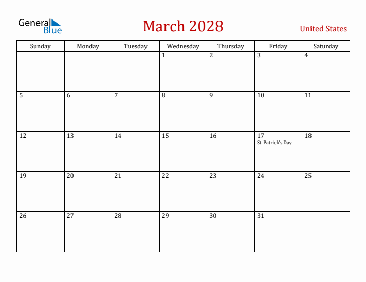 United States March 2028 Calendar - Sunday Start