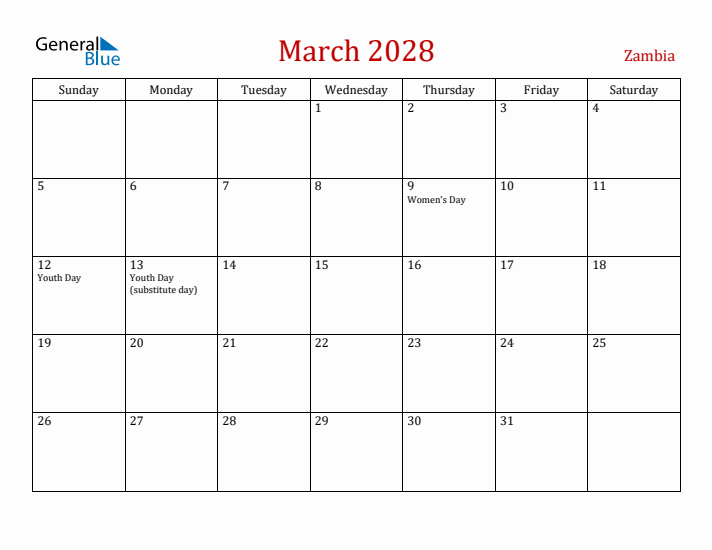 Zambia March 2028 Calendar - Sunday Start