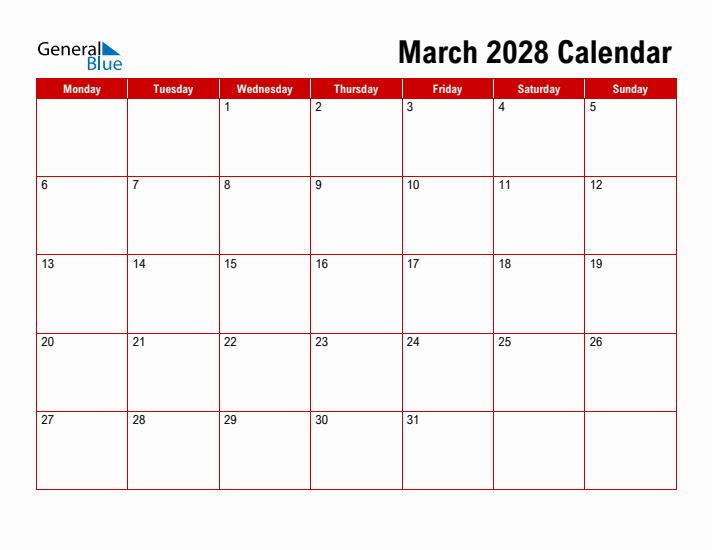 Simple Monthly Calendar - March 2028